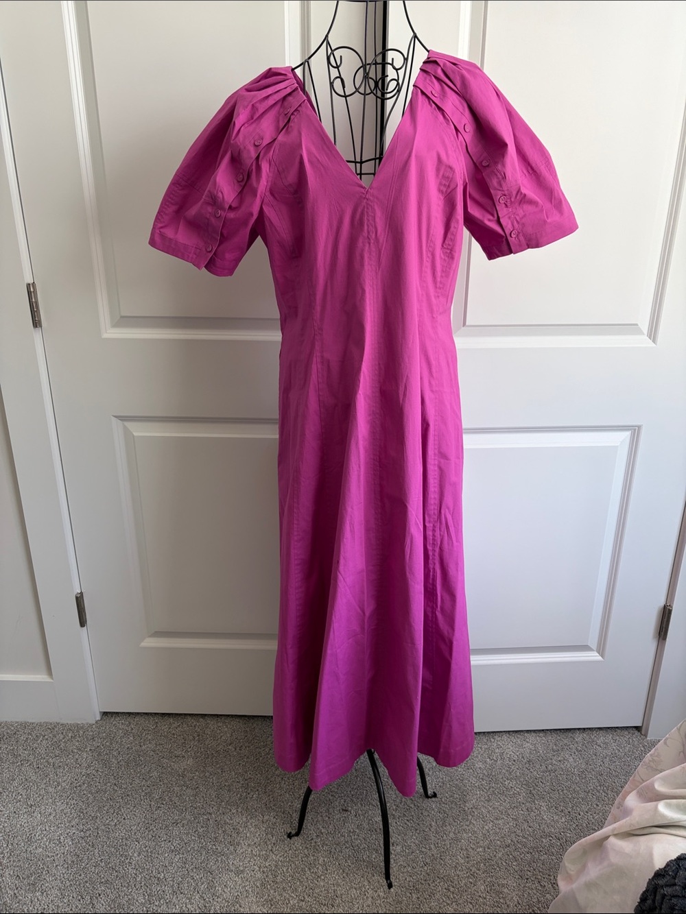 LOFT Magenta V-Neck Midi Dress with Puff Sleeves